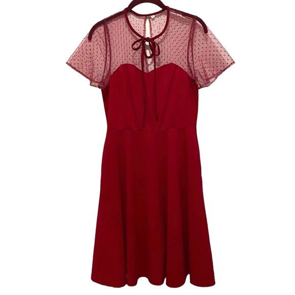 Red Party Dress Size Juniors Medium Dotted Swiss Yoke Fit & Flare Zip Back - Picture 2 of 12